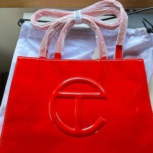Telfar medium red patent shopping tote brand new